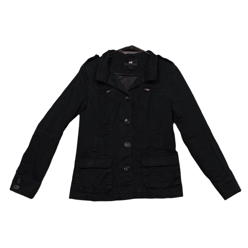 HM Womens Black Military Utility Jacket Size 4 Button Front Epaulettes Pocketed